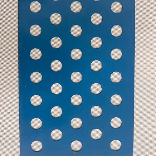 Blue perforated plate with staggered round holes, spaced 30 mm by 30 mm